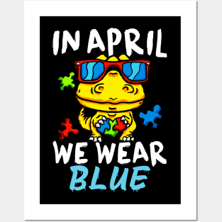 In April We Wear Blue Autism Awareness Month Dino Posters and Art